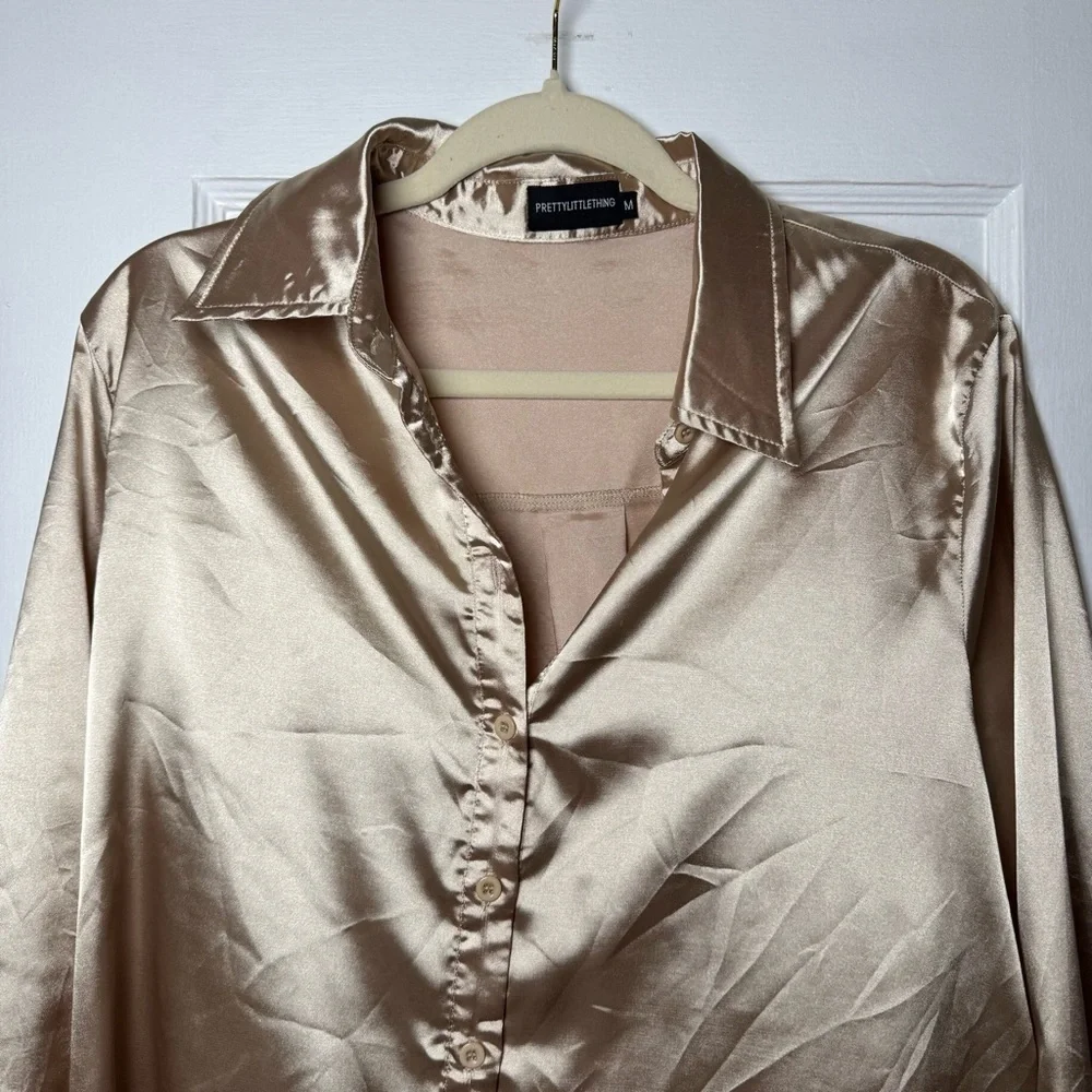 PrettyLittleThing Satin Effect Button Down Blouse In Champagne Size Medium - Picture 8 of 14